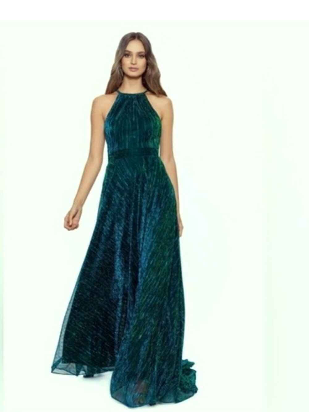 Betsy & Adam Jade Green Metallic Crinkle Halter Gown